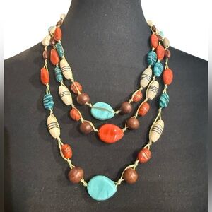 Boho Layered Necklace Multicolor Glass Wood Beads Gold Tone Wrapped Chain